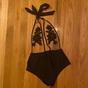 SEXY Black Sheer Flower Halter high waist swim M